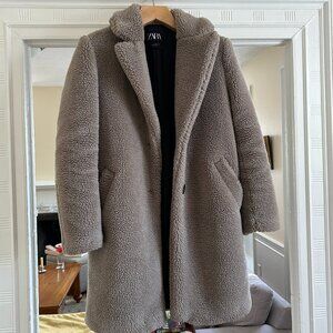 ZARA Women's Taupe Oversized Fleece Knee Length Teddy Coat XS